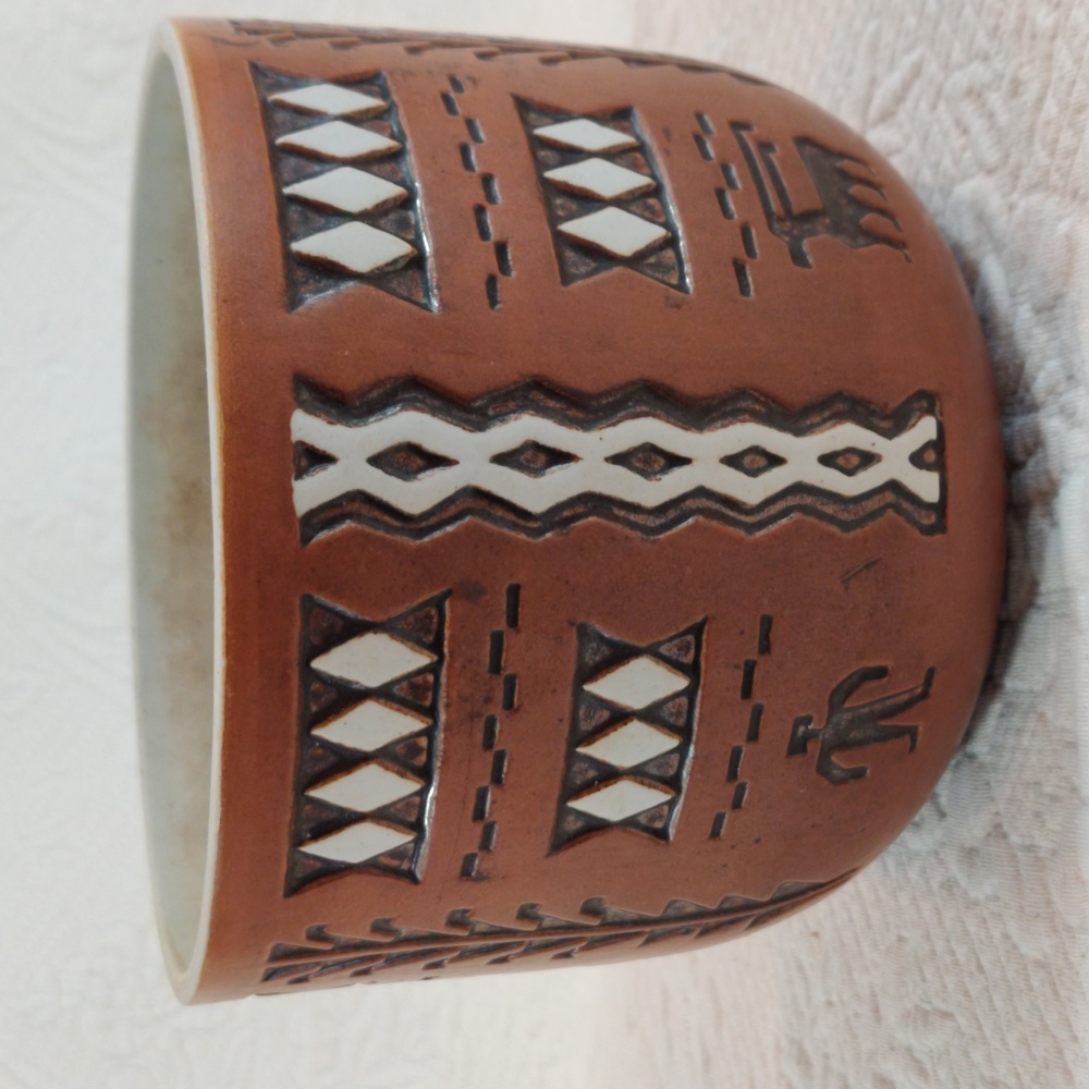 Hand Carved Primitive Design Flower Pot Pottery From Brazil